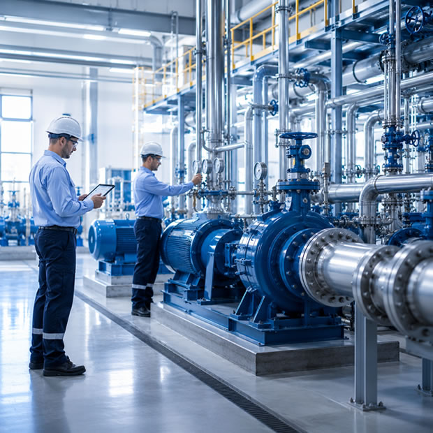 Ingenieros verificando bombas industriales en planta