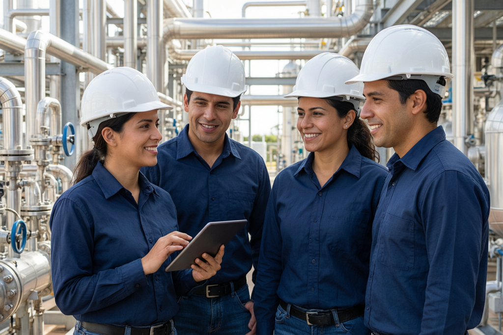 Equipo de ingenieros de Hydro Flow en una planta de procesos